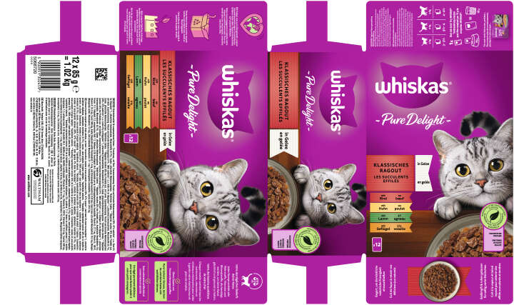 whiskas Katzen-Nassfutter PURE DELIGHT Portionsbeutel Multipack Klassisches Ragout in Gelee 12 x 85g